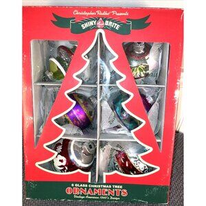 Shiny Brite 9 Christmas Ornaments Stenciled Flocked Christopher W/original paper